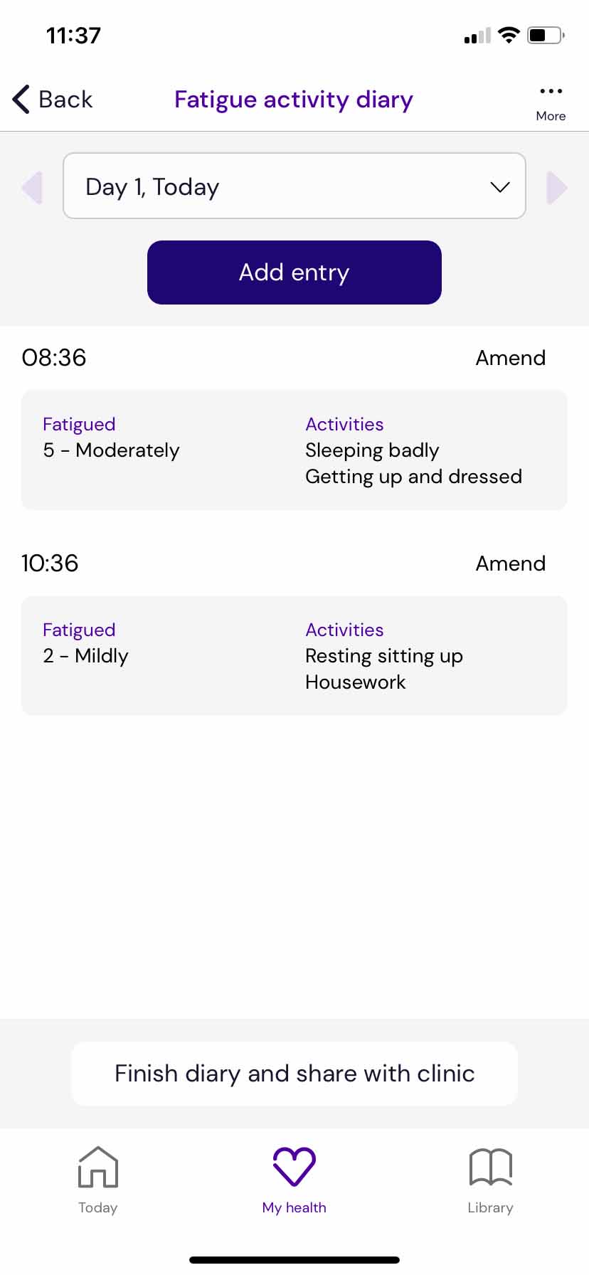 Ankylosing Spondylitis fatigue activity diary app screenshot