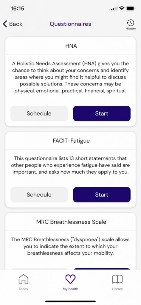 Lung cancer questionnaire screenshot