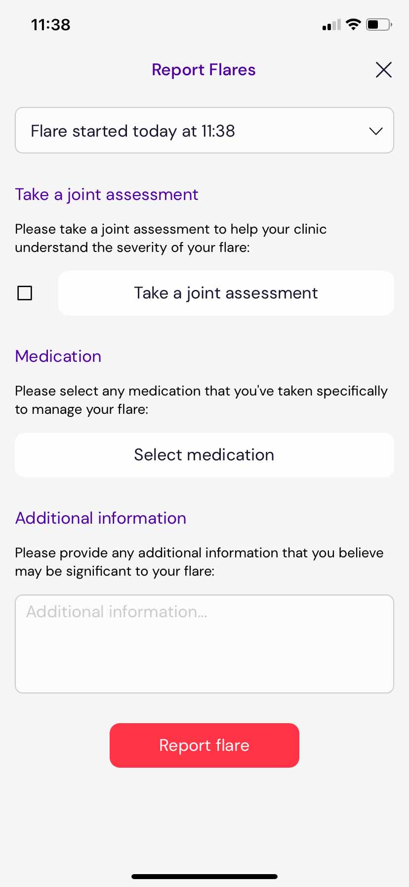 early inflammatory arthritis report flares app screenshot